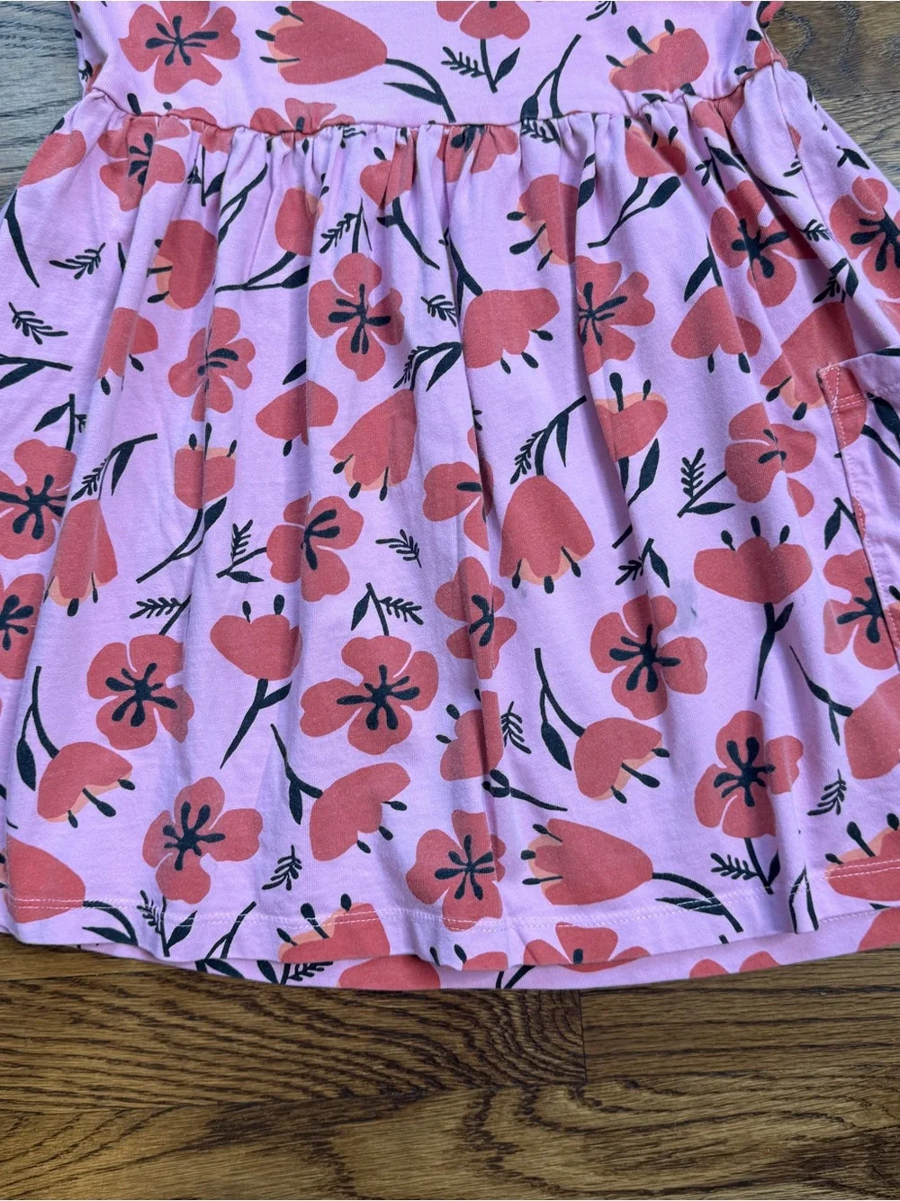 Hanna Andersson Girls Poppy Pink Pocket Dress with Red/ Orange Floral Print 6-7